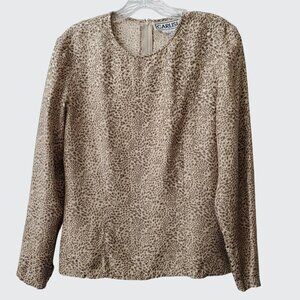Vintage Carlisle Elegant Womens Leopard Print Silk Blouse Size 8 Long Sleeve